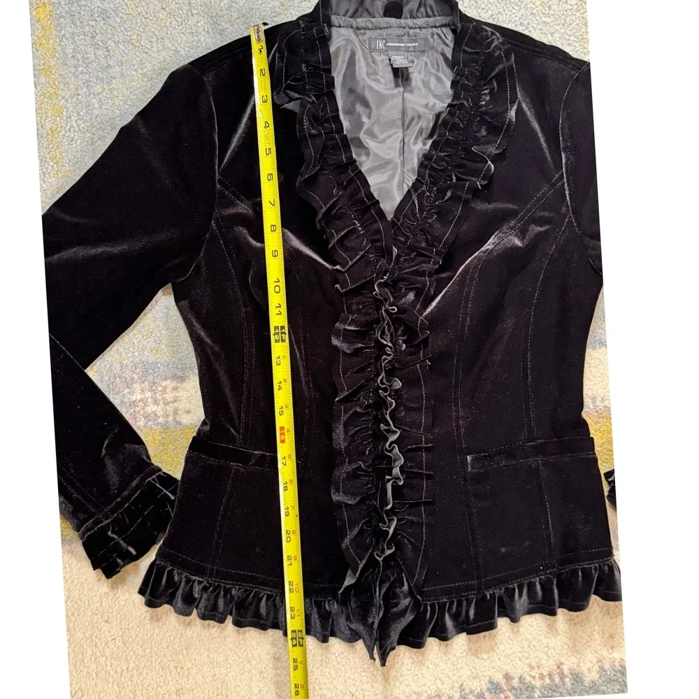INC Black Velvet Goth Romantic Ruffle Blazer M Jacket Equestrian Riding Fairy - Picture 7 of 16